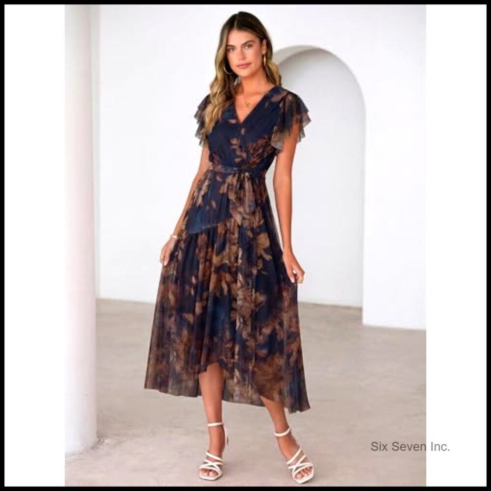 Summer Floral Maxi Dress with V-Neck Short Sleeve Belted Mesh Hem - Picture 5 of 7